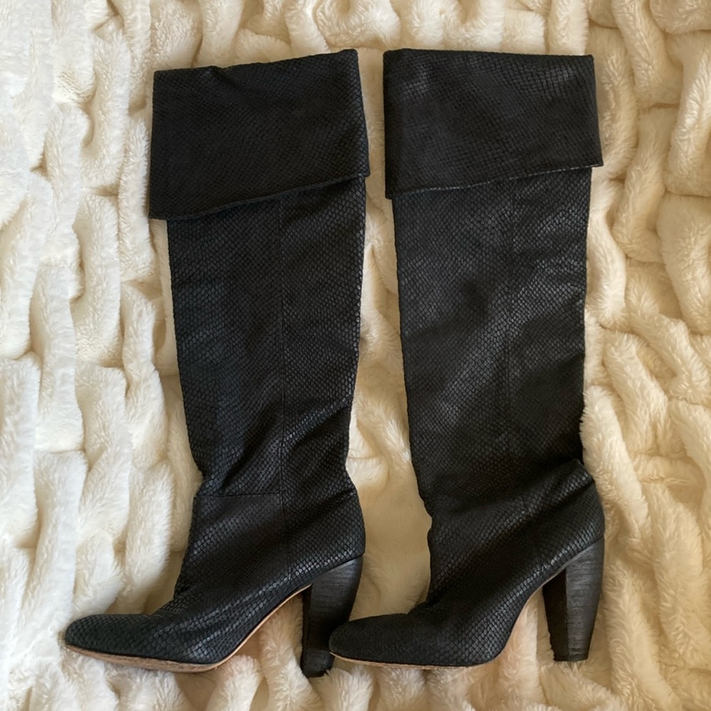 Anthropologie Cynthia Vincent over the knee snake print boots